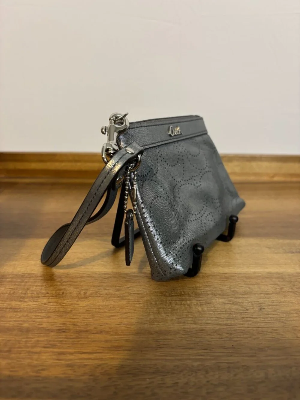 Coach Gunmetal Silver Metallic Perforated C Design Wristlet
